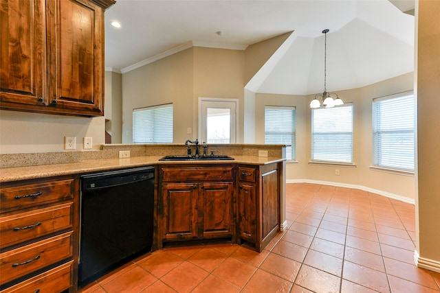 kitchen with crown molding, sink, light tile patterned floors, black dishwasher, and kitchen peninsula