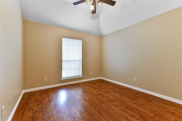 unfurnished room featuring lofted ceiling, wood-type flooring, and ceiling fan