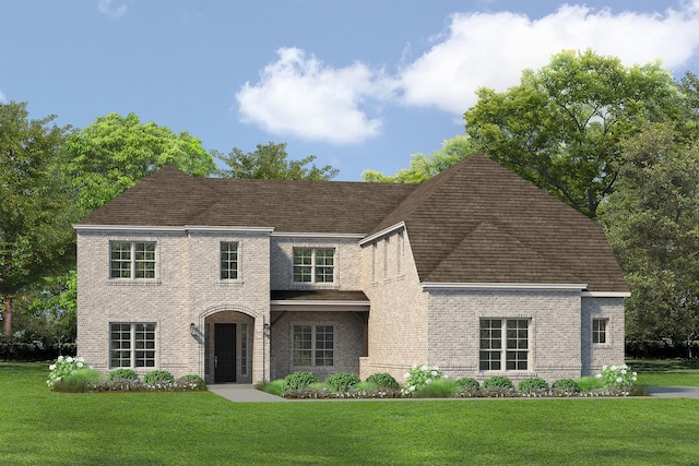 view of front of home featuring brick siding, a front lawn, and roof with shingles