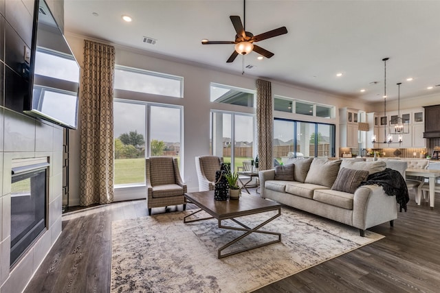 living room featuring dark wood-style floors, ornamental molding, and a fireplace