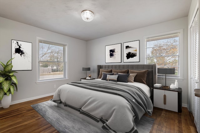 bedroom featuring multiple windows, radiator, and dark hardwood / wood-style flooring