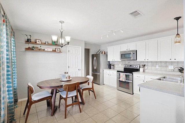 kitchen with sink, white cabinetry, decorative light fixtures, appliances with stainless steel finishes, and backsplash