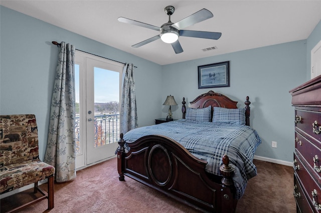 carpeted bedroom with access to outside and ceiling fan