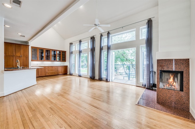 unfurnished living room featuring a fireplace, light hardwood / wood-style floors, and plenty of natural light