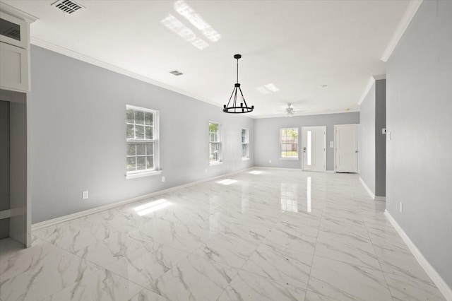 1012 Joe Bailey, Royse City, TX 75189 - unfurnished living room with ornamental molding, baseboards, ceiling fan, light marble finish flooring, and a chandelier