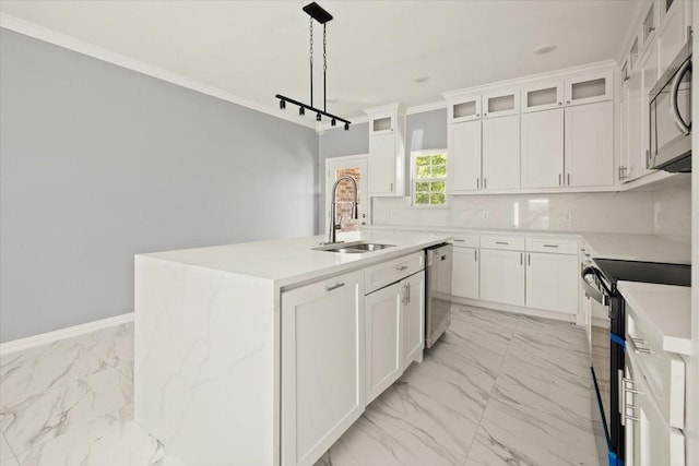 1012 Joe Bailey, Royse City, TX 75189 - kitchen featuring a sink, stainless steel appliances, light marble finish flooring, white cabinetry, and a kitchen island with sink