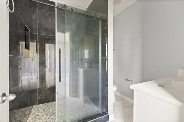 1012 Joe Bailey, Royse City, TX 75189 - bathroom with toilet, a stall shower, marble finish floors, and baseboards