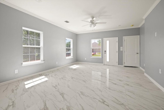 1012 Joe Bailey, Royse City, TX 75189 - unfurnished room featuring ornamental molding, a ceiling fan, light marble finish flooring, and baseboards
