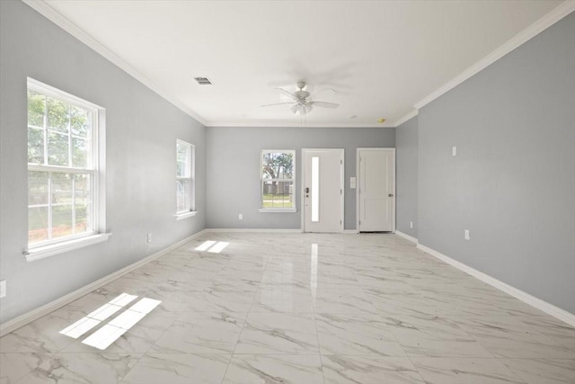 1012 Joe Bailey, Royse City, TX 75189 - unfurnished room with ornamental molding, a ceiling fan, baseboards, and light marble finish floors