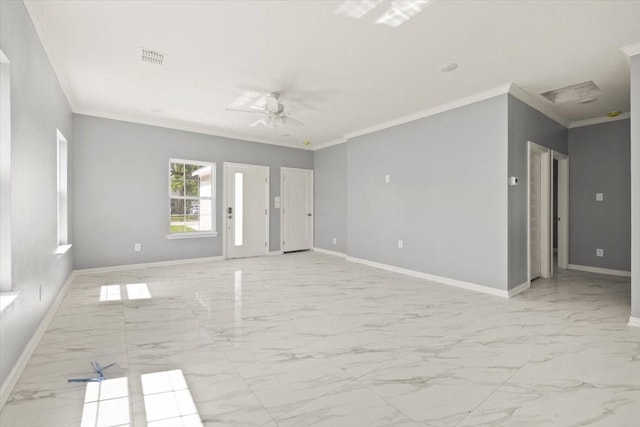 1012 Joe Bailey, Royse City, TX 75189 - unfurnished living room with light marble finish flooring, crown molding, a ceiling fan, and baseboards