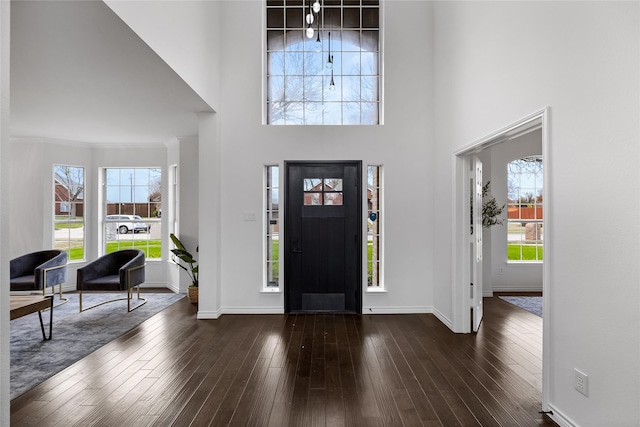 entryway featuring a wealth of natural light, a towering ceiling, and dark hardwood / wood-style floors