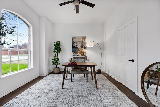 home office with ceiling fan, dark hardwood / wood-style flooring, and a wealth of natural light