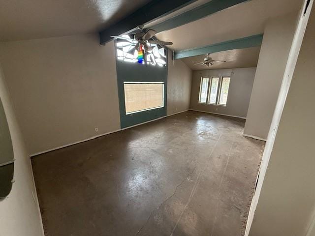 interior space with vaulted ceiling with beams and ceiling fan