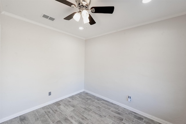 spare room with light hardwood / wood-style floors, ceiling fan, and crown molding