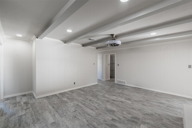 unfurnished room with wood walls, light hardwood / wood-style flooring, and beamed ceiling