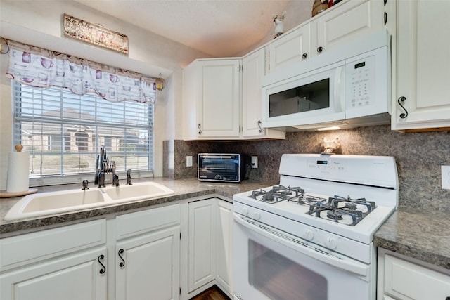 kitchen with white cabinetry, sink, a textured ceiling, white appliances, and decorative backsplash