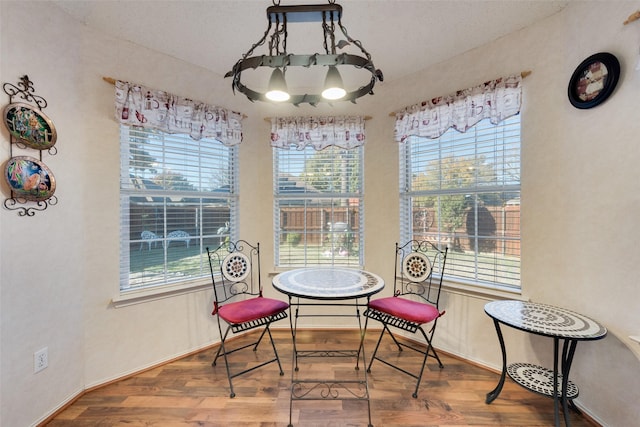 dining space with a textured ceiling and hardwood / wood-style flooring