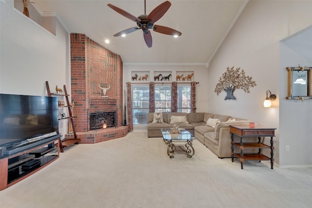 living room featuring carpet, crown molding, ceiling fan, and lofted ceiling