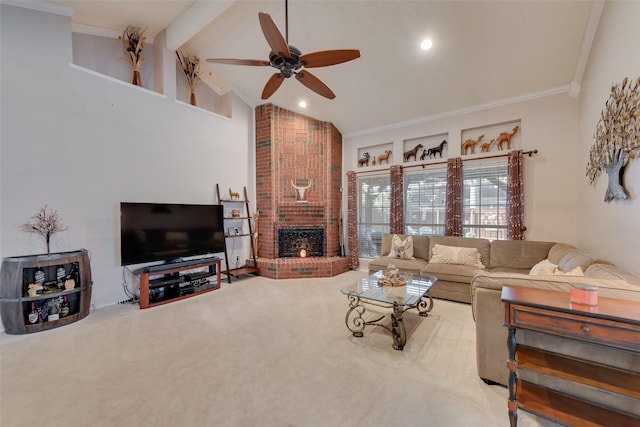 living room featuring carpet flooring, lofted ceiling with beams, and ornamental molding