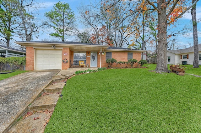 ranch-style house with a porch, a front yard, and a garage