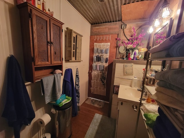 bathroom featuring hardwood / wood-style floors and vanity