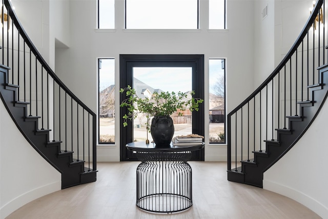 foyer featuring wood-type flooring and a high ceiling