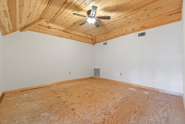 empty room with ceiling fan, wooden ceiling, and vaulted ceiling