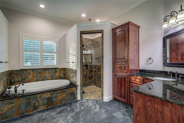 bathroom featuring vanity, crown molding, and plus walk in shower