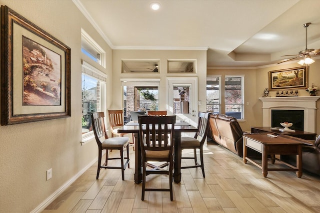 dining room featuring ceiling fan, light hardwood / wood-style floors, and ornamental molding