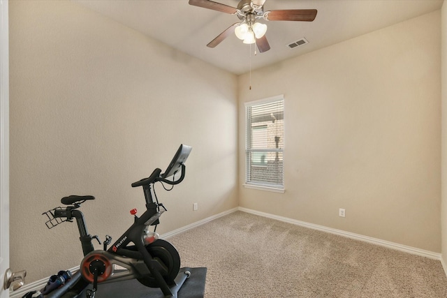 workout room featuring carpet and ceiling fan