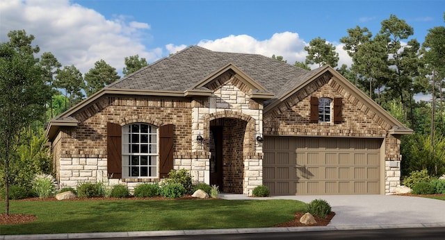 view of front of house with a front yard and a garage