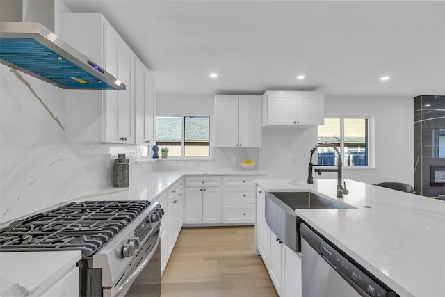 kitchen with white cabinets, sink, wall chimney exhaust hood, light hardwood / wood-style floors, and stainless steel appliances