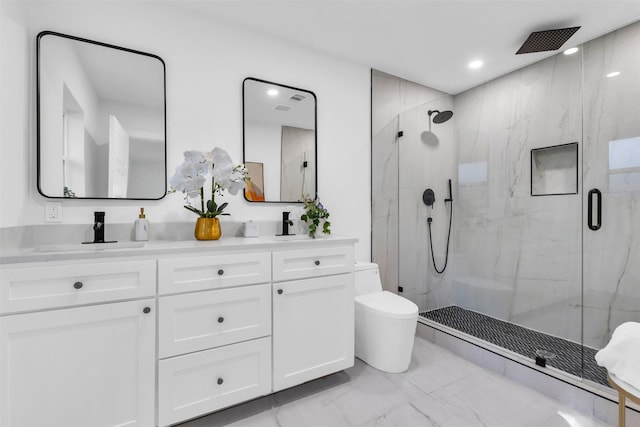 bathroom featuring vanity, toilet, and walk in shower