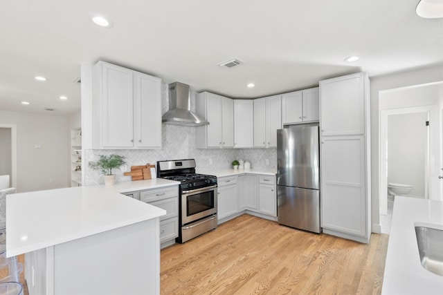 kitchen featuring kitchen peninsula, decorative backsplash, light wood-type flooring, wall chimney exhaust hood, and stainless steel appliances