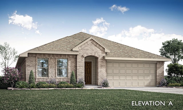 view of front of home featuring a front yard and a garage