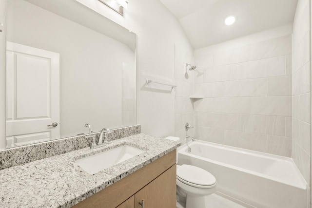 full bath featuring toilet, recessed lighting, vanity, and bathing tub / shower combination