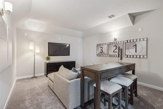 living room featuring a raised ceiling and carpet