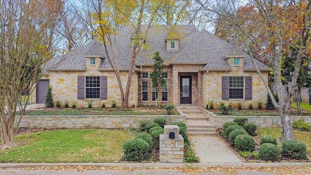 french country style house featuring a front yard