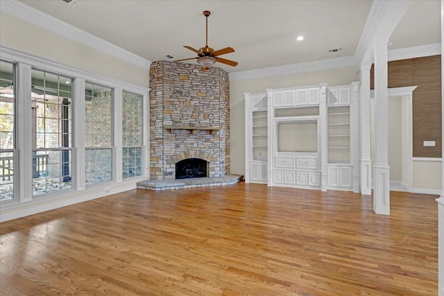 unfurnished living room with ceiling fan, light wood-type flooring, and ornamental molding