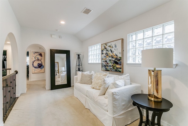 carpeted living room with lofted ceiling