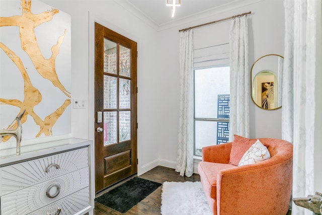 entrance foyer with a healthy amount of sunlight, dark hardwood / wood-style flooring, and ornamental molding