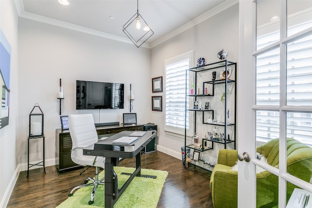 office featuring dark hardwood / wood-style flooring and crown molding