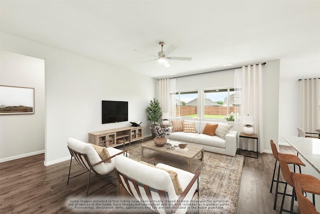 living room with ceiling fan and dark hardwood / wood-style flooring