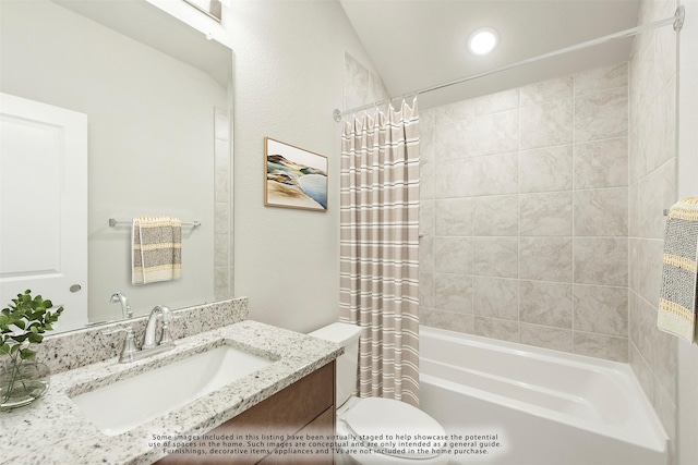 full bathroom with shower / bath combination with curtain, vanity, and toilet