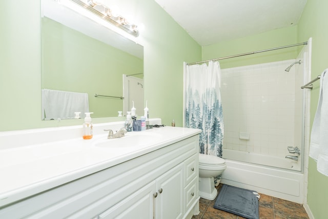 full bathroom featuring vanity, shower / bath combination with curtain, and toilet