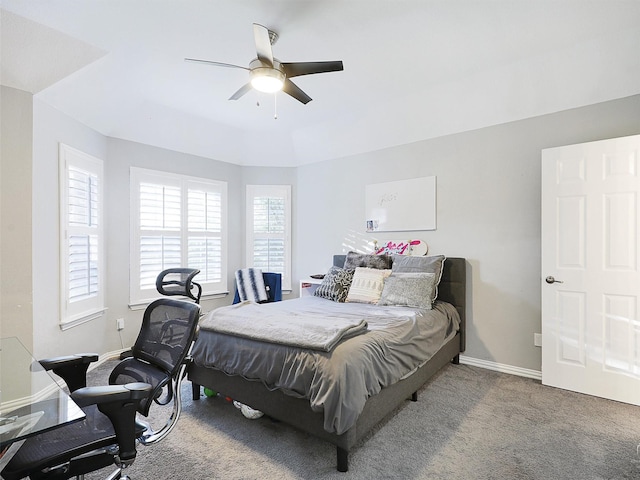 carpeted bedroom with ceiling fan