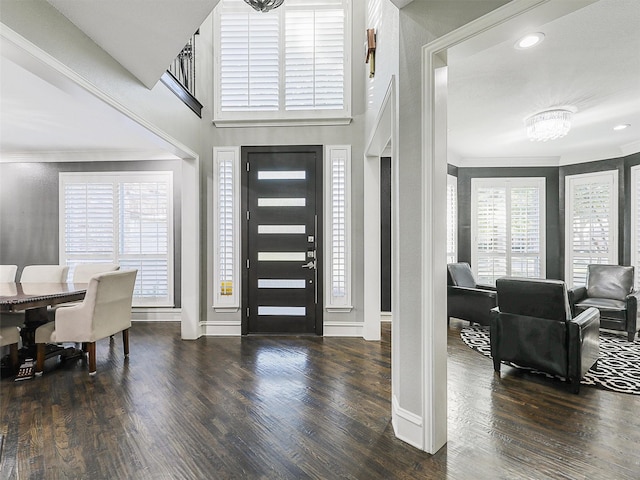 foyer featuring ornamental molding, dark wood-type flooring, a wealth of natural light, and a chandelier