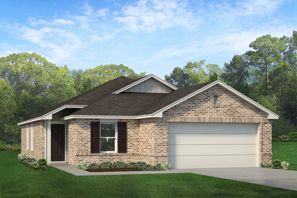 ranch-style house featuring a garage and a front lawn