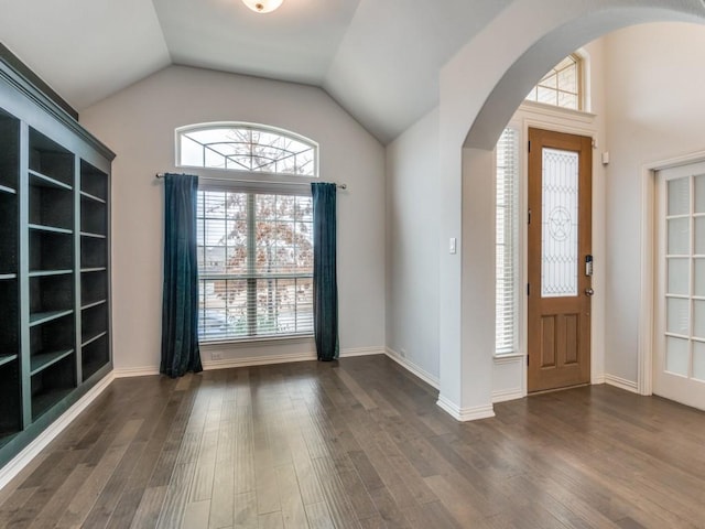 entrance foyer with lofted ceiling and dark hardwood / wood-style floors