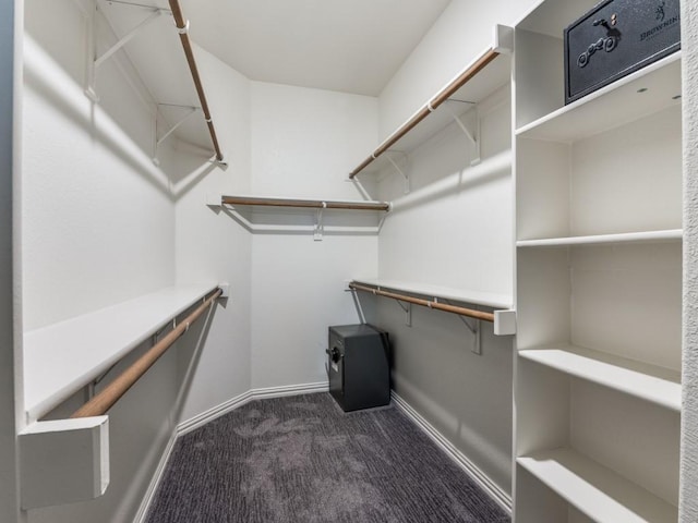 walk in closet featuring dark colored carpet